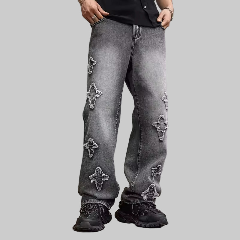 Men's Oversized Distressed Pants with Star Patches