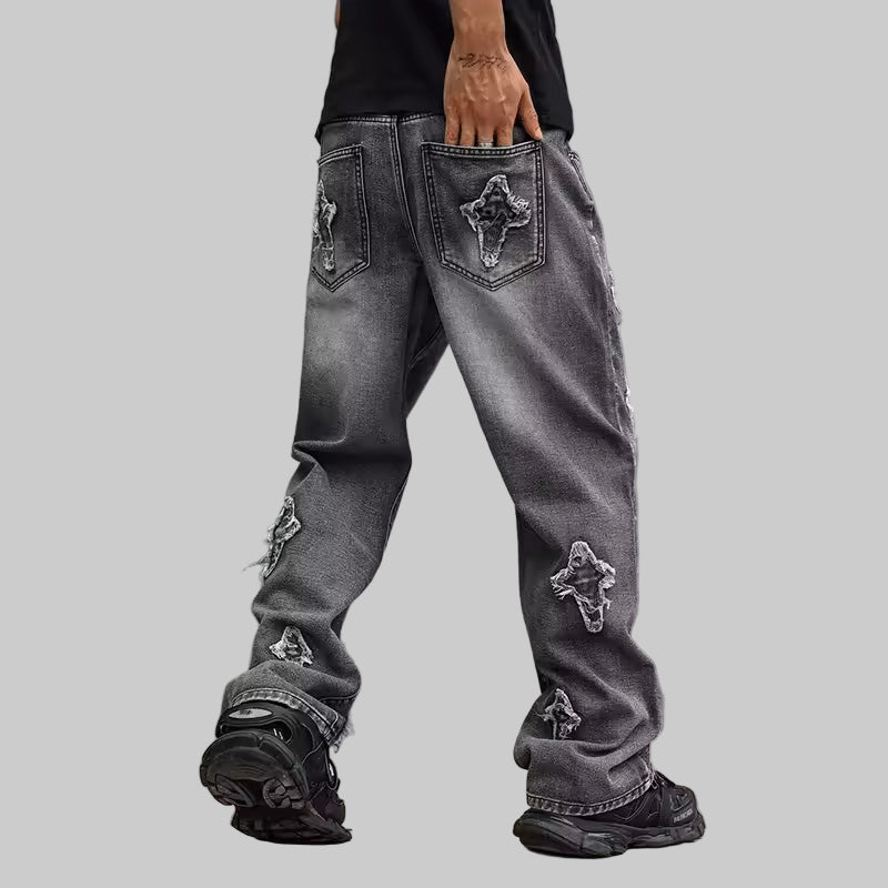 Men's Oversized Distressed Pants with Star Patches
