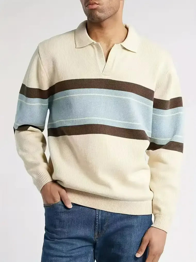 Men's Striped Long Sleeve Polo Shirt