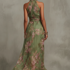 Florence | Green Floral Chiffon Halter Maxi Dress