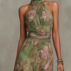 Florence | Green Floral Chiffon Halter Maxi Dress