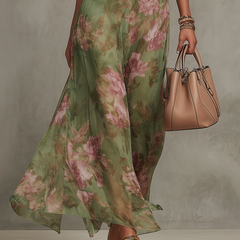 Florence | Green Floral Chiffon Halter Maxi Dress