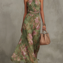 Florence | Green Floral Chiffon Halter Maxi Dress