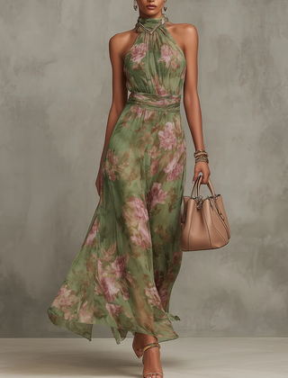 Florence | Green Floral Chiffon Halter Maxi Dress