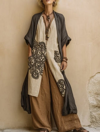 Sophie | Dark Gray & Brown Tribal Print Three-Piece Set