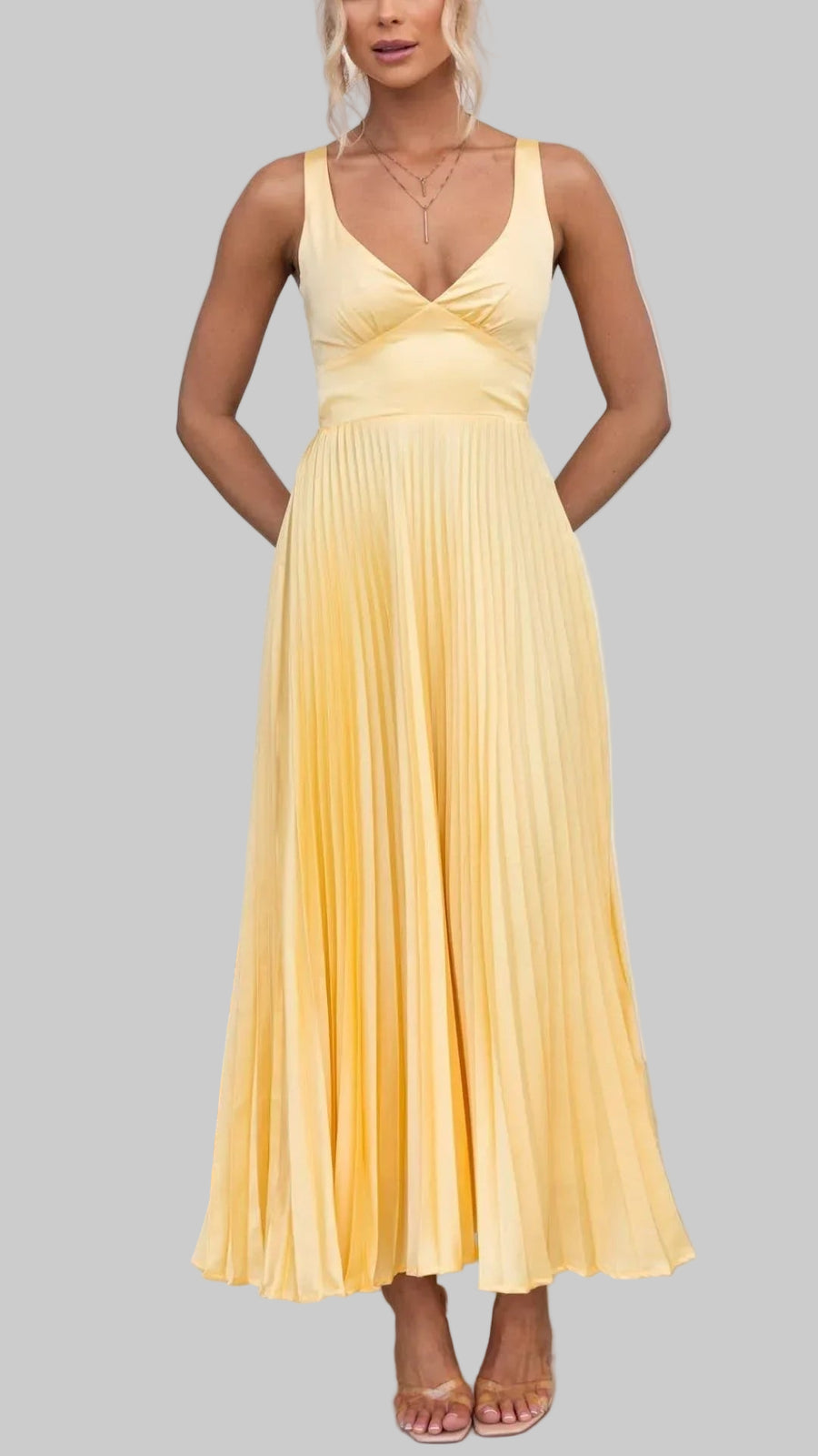 Women's Sleeveless Pleated Maxi Dress with V-Neckline